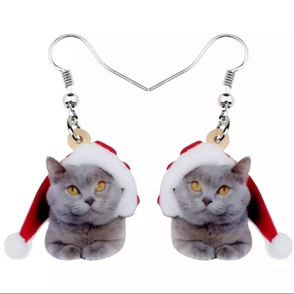 Gray Cat Christmas Earrings Santa Russian Blue